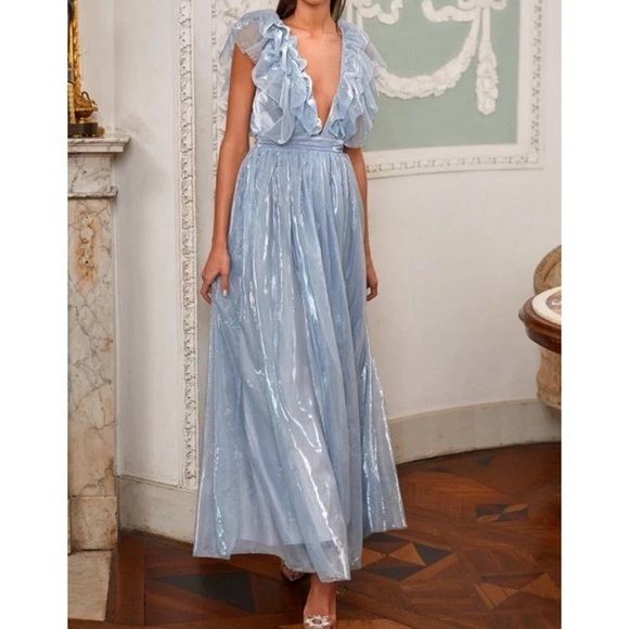 Alamour The Label Aurora Gown- Blue Maxi Gown with Plunge Neckline